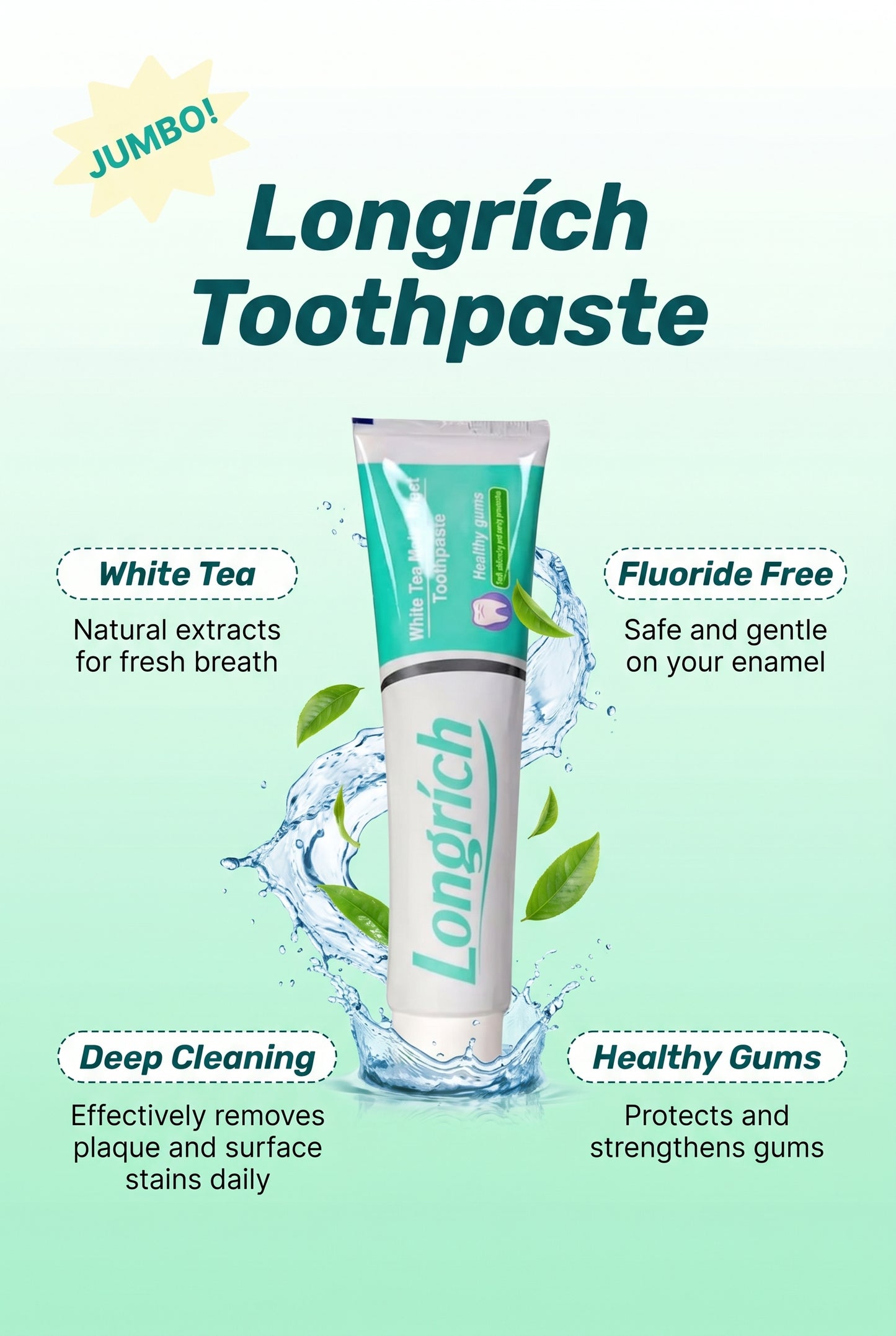 Dentifrice Longrich, thé blanc, sans fluor, nettoyage en profondeur, format géant (200 g)
