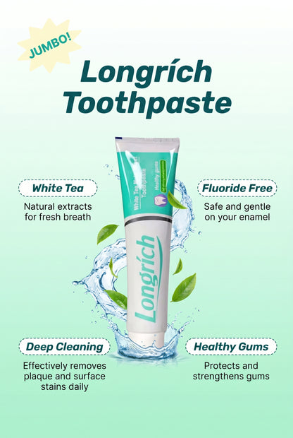 Dentifrice Longrich, thé blanc, sans fluor, nettoyage en profondeur, format géant (200 g)