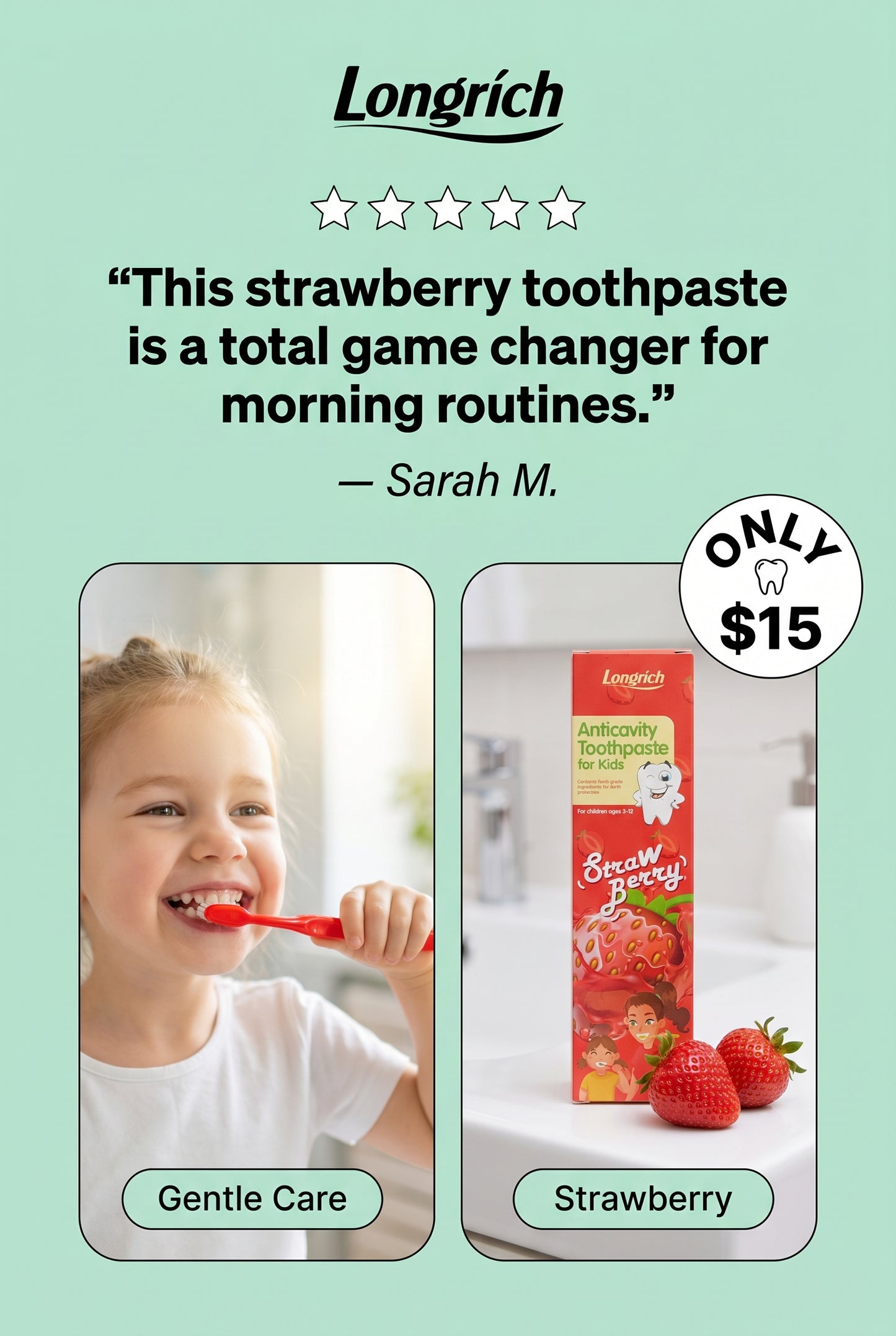 Longrich Kids Toothpaste – Strawberry Flavor 60g | Gentle Fluoride-Free Oral Car